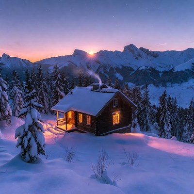 Cozy Cabin in Snowy Mountains at Twilight