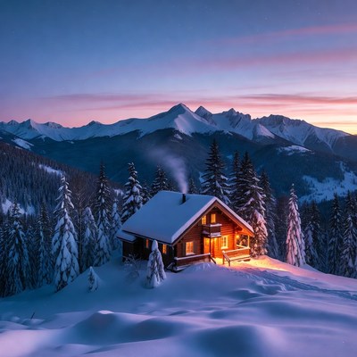 Cozy Wooden Cabin in Snowy Mountains