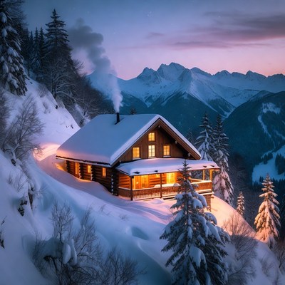 Cozy Log Cabin in Snowy Mountains