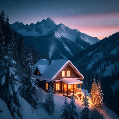 Cozy Snowy Cabin in Mountains