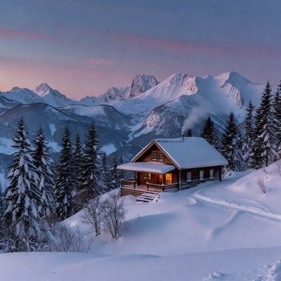 Cozy Wooden Cabin in Snowy Mountains