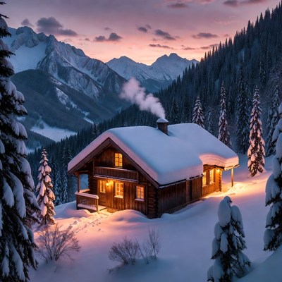 Snowy Mountain Cabin at Sunset