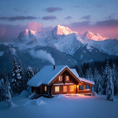 Cozy Snowy Cabin in Mountains at Sunset