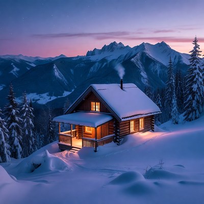 Cozy Snowy Log Cabin in Mountains