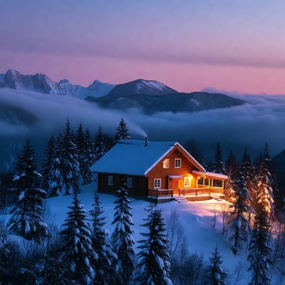 Snowy Wooden Cabin in Mountains at Dusk