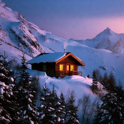 Cozy Wooden Cabin in Snowy Mountains