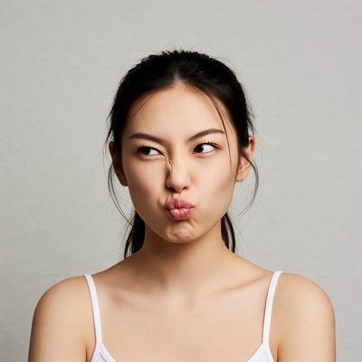 Asian woman making duck face pout