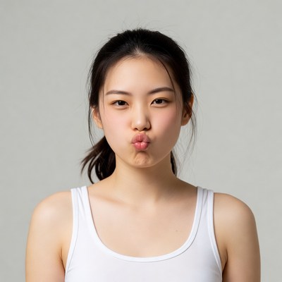 Asian woman making duck face pout