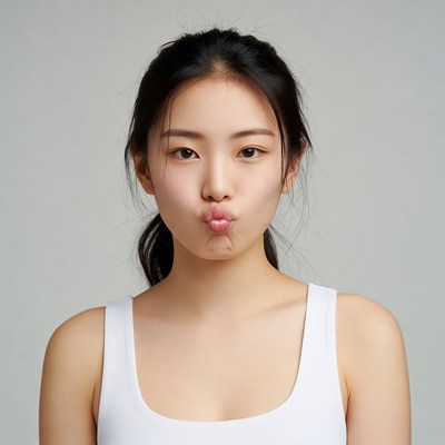 Asian woman puckering lips
