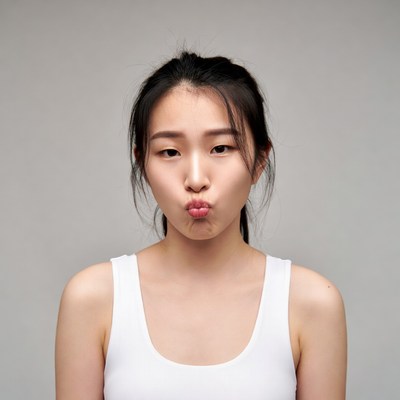 Asian woman making duck face pout