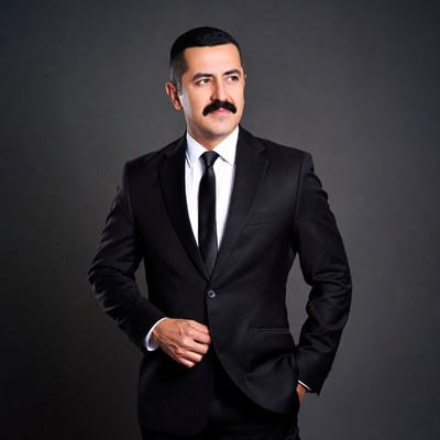 Man in black suit with mustache