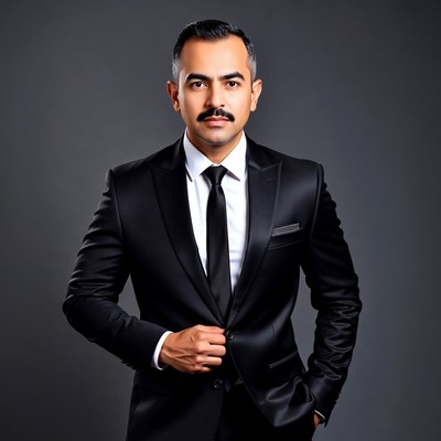 Man in black suit with mustache