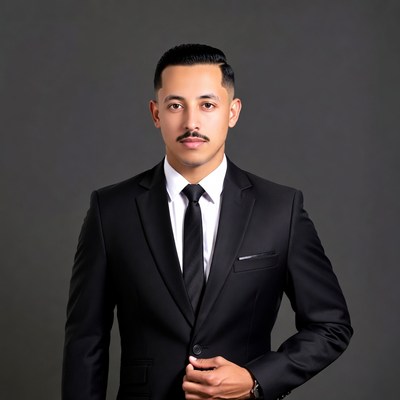 Latino man in black suit