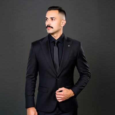 Man in black suit with mustache