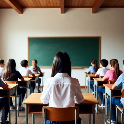 Teacher facing students in classroom