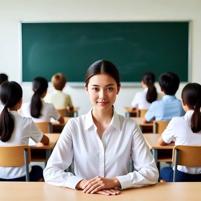 Asian teacher at classroom desk