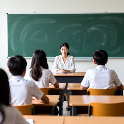 Asian teacher with students in classroom