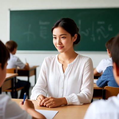 Asian teacher with students in classroom