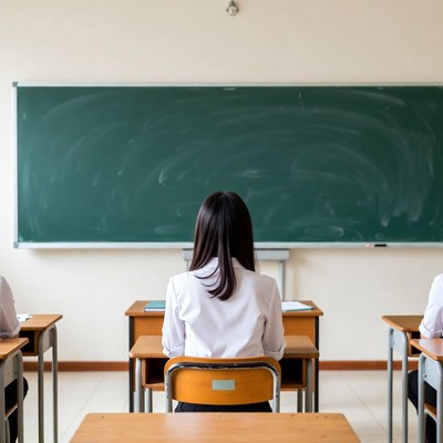 Asian teacher facing chalkboard in classroom