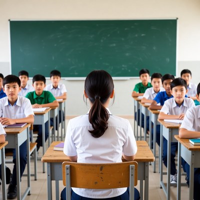 Female teacher facing class of boys