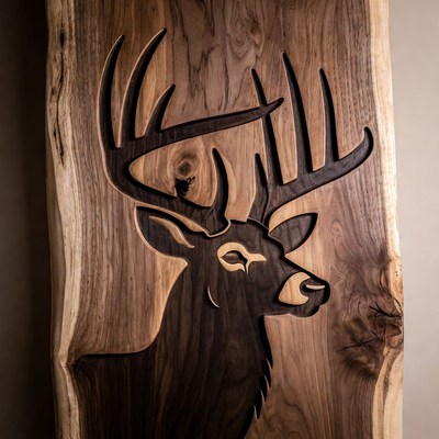 Carved Deer Head on Wood Plank