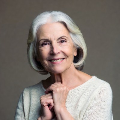 Elderly woman smiling with clasped hands