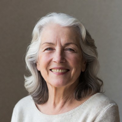 Smiling elderly woman with white hair