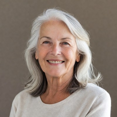 Elderly woman smiling with silver hair