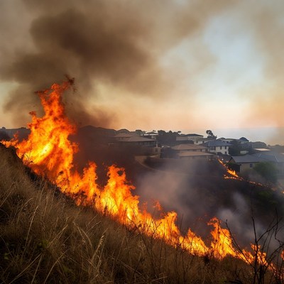 Wildfire Burning Hillside Near Houses