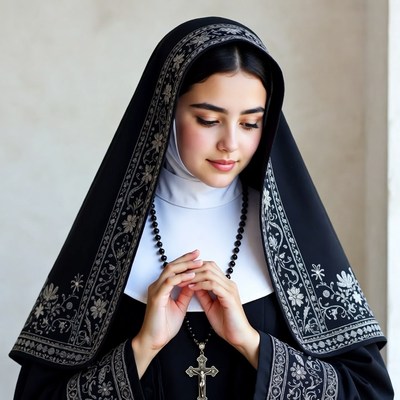 Nun praying with rosary beads