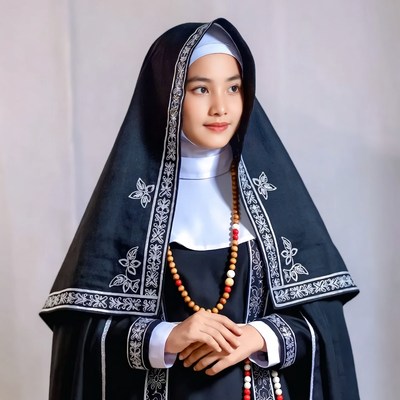 Asian nun in black habit with rosary