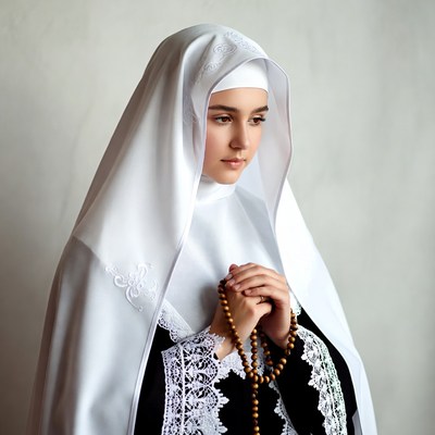Muslim woman praying with rosary