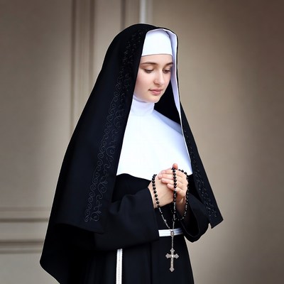 Nun praying with rosary beads