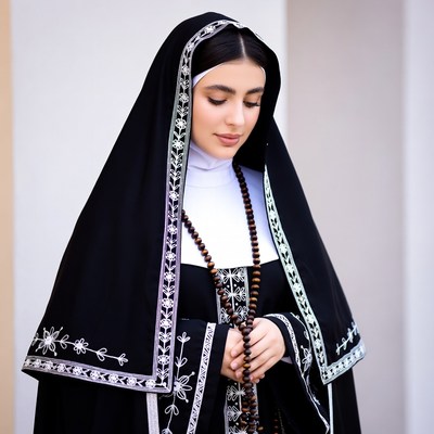 Nun praying with rosary beads
