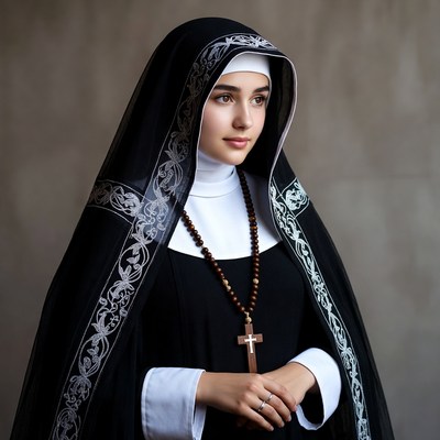 Nun in black habit with rosary