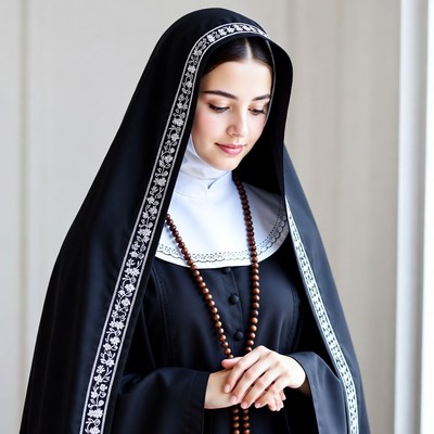 Nun praying with rosary beads