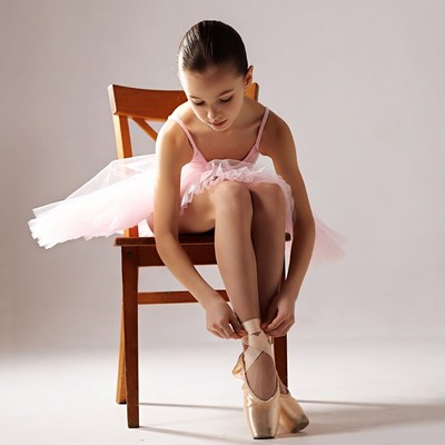 Girl tying ballet slippers on chair