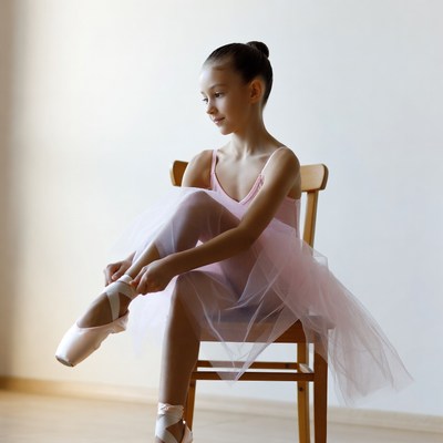 Girl ballerina tying ballet slippers