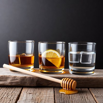 Whiskey, Lemon Water, and Honey on Wood