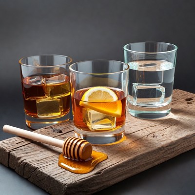 Whiskey, Water Glasses with Honey Dipper