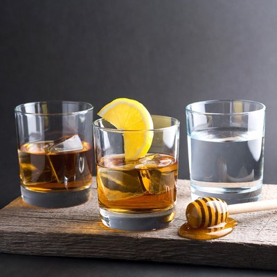 Whiskey, Water, Lemon on Wood