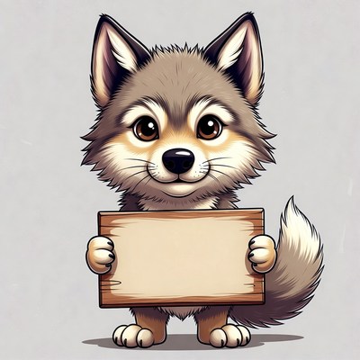 Cute wolf pup holding blank sign