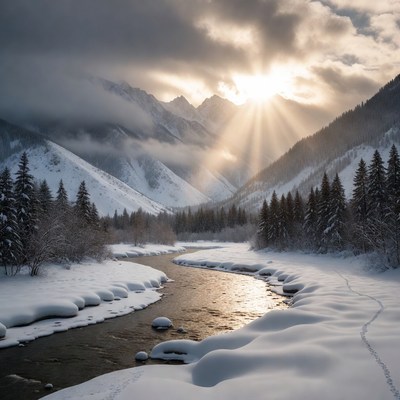 Snowy Mountain River with Sun Rays