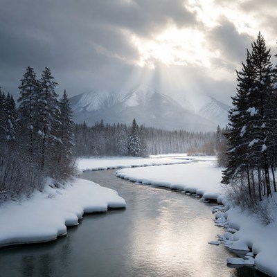 Snowy River with Mountains and Sun Rays