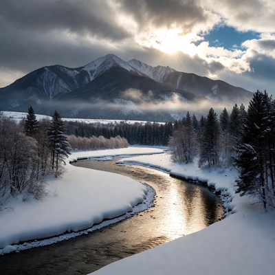 Snowy River and Mountains at Sunset