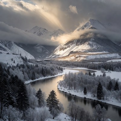 Snowy Mountains with River and Sun Rays
