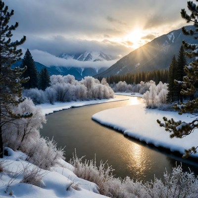 Snowy River in Winter Mountains at Sunset