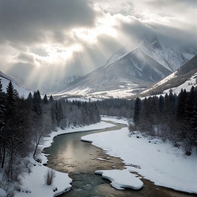 Snowy River Winding Through Mountains