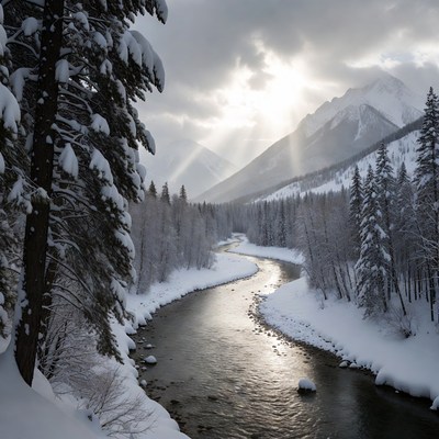 Snowy River Winding Through Mountains