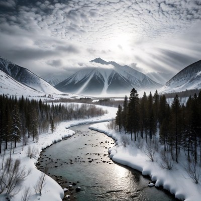 Snowy Mountain River with Sun